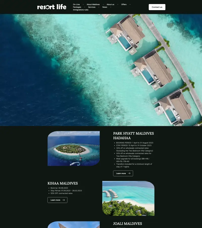 Website screenshot for Resort Life Travel
